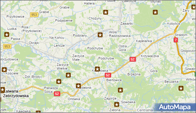 mapa Podchybie gmina Lanckorona, Podchybie gmina Lanckorona na mapie Targeo