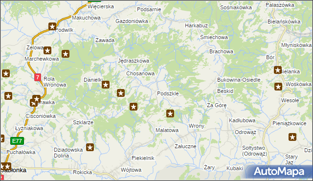 mapa Podszkle gmina Czarny Dunajec, Podszkle gmina Czarny Dunajec na mapie Targeo