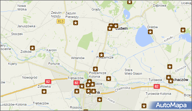 mapa Podzamcze gmina Łęczna, Podzamcze gmina Łęczna na mapie Targeo