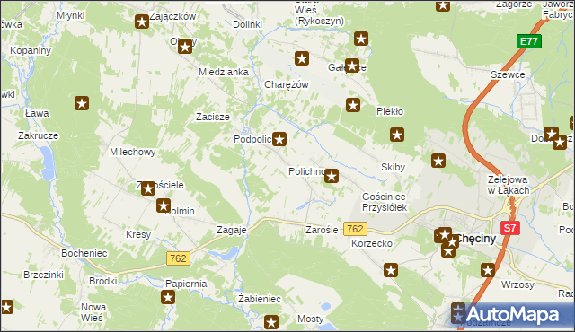 mapa Polichno gmina Chęciny, Polichno gmina Chęciny na mapie Targeo