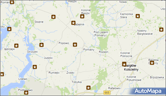 mapa Pomiany gmina Bargłów Kościelny, Pomiany gmina Bargłów Kościelny na mapie Targeo