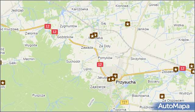 mapa Pomyków gmina Przysucha, Pomyków gmina Przysucha na mapie Targeo