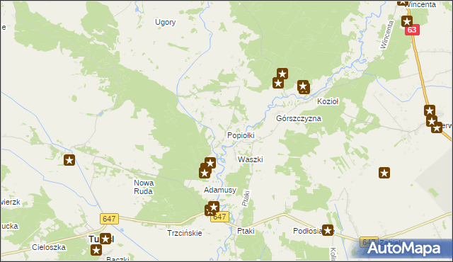 mapa Popiołki gmina Turośl, Popiołki gmina Turośl na mapie Targeo