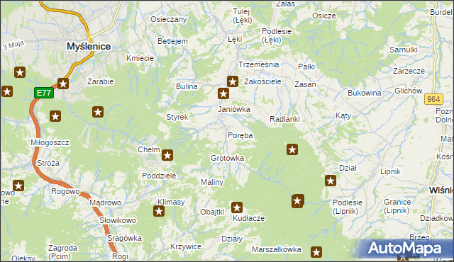 mapa Poręba gmina Myślenice, Poręba gmina Myślenice na mapie Targeo