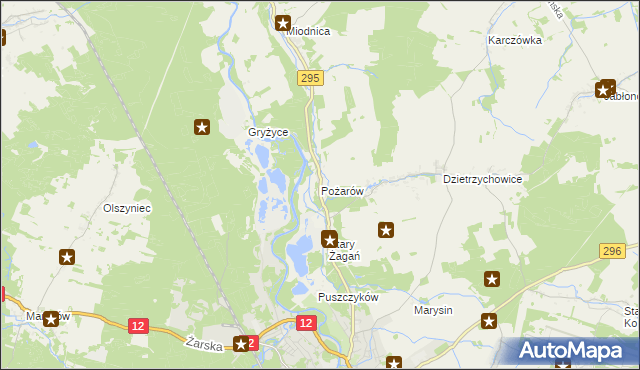 mapa Pożarów gmina Żagań, Pożarów gmina Żagań na mapie Targeo