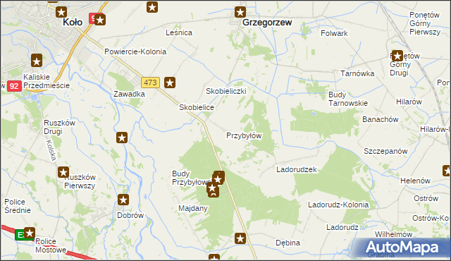 mapa Przybyłów gmina Koło, Przybyłów gmina Koło na mapie Targeo