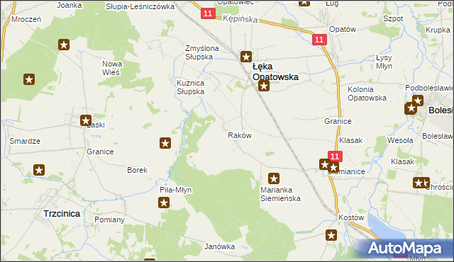 mapa Raków gmina Łęka Opatowska, Raków gmina Łęka Opatowska na mapie Targeo