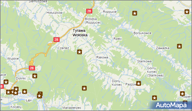 mapa Rakowa gmina Tyrawa Wołoska, Rakowa gmina Tyrawa Wołoska na mapie Targeo