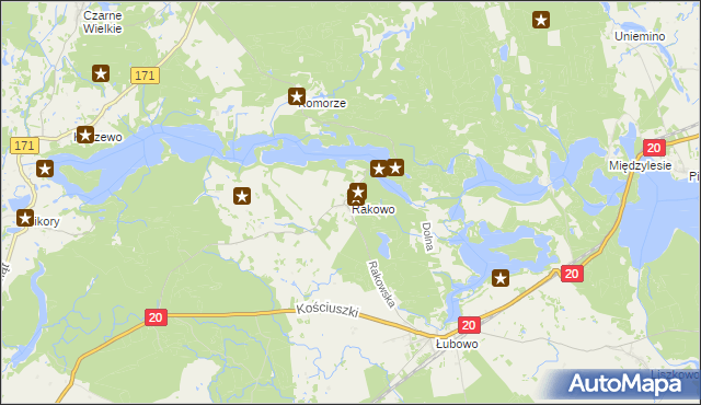 mapa Rakowo gmina Borne Sulinowo, Rakowo gmina Borne Sulinowo na mapie Targeo