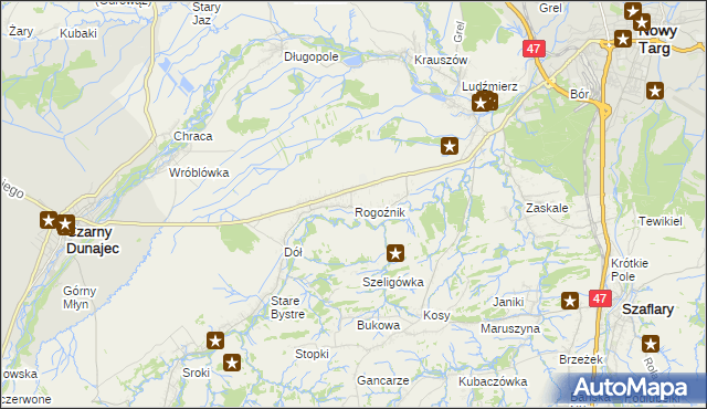 mapa Rogoźnik gmina Nowy Targ, Rogoźnik gmina Nowy Targ na mapie Targeo