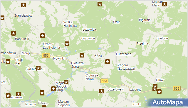 mapa Róża gmina Susiec, Róża gmina Susiec na mapie Targeo