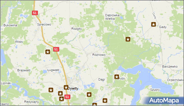 mapa Różnowo gmina Dywity, Różnowo gmina Dywity na mapie Targeo