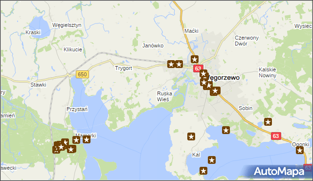 mapa Ruska Wieś gmina Węgorzewo, Ruska Wieś gmina Węgorzewo na mapie Targeo