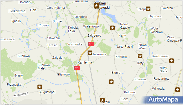 mapa Rutkowice gmina Lubień Kujawski, Rutkowice gmina Lubień Kujawski na mapie Targeo