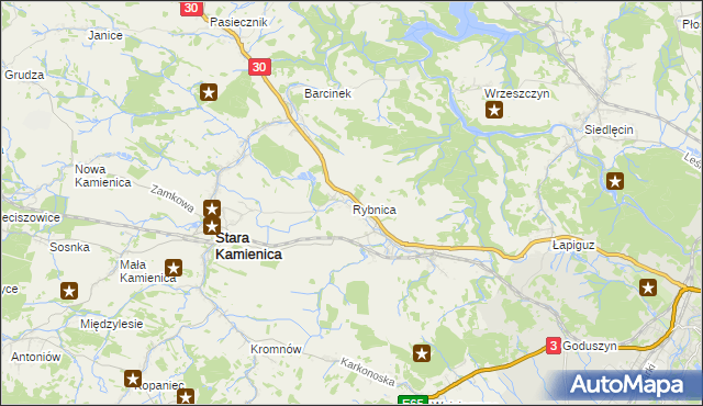 mapa Rybnica gmina Stara Kamienica, Rybnica gmina Stara Kamienica na mapie Targeo