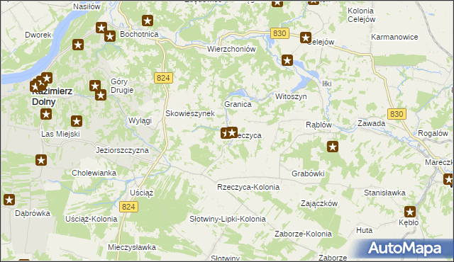 mapa Rzeczyca gmina Kazimierz Dolny, Rzeczyca gmina Kazimierz Dolny na mapie Targeo