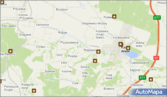 mapa Rzędowice gmina Książ Wielki, Rzędowice gmina Książ Wielki na mapie Targeo