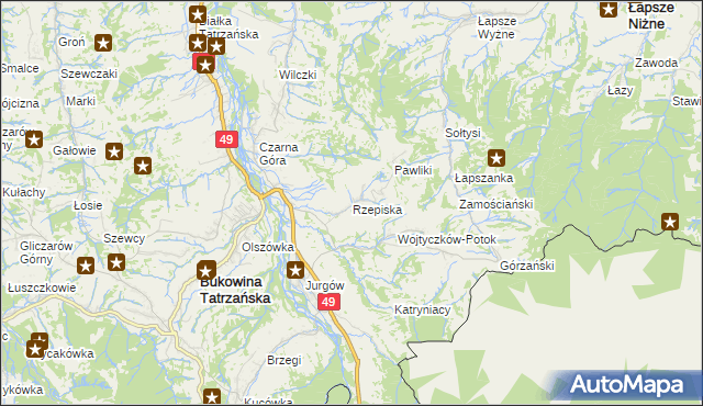 mapa Rzepiska gmina Bukowina Tatrzańska, Rzepiska gmina Bukowina Tatrzańska na mapie Targeo