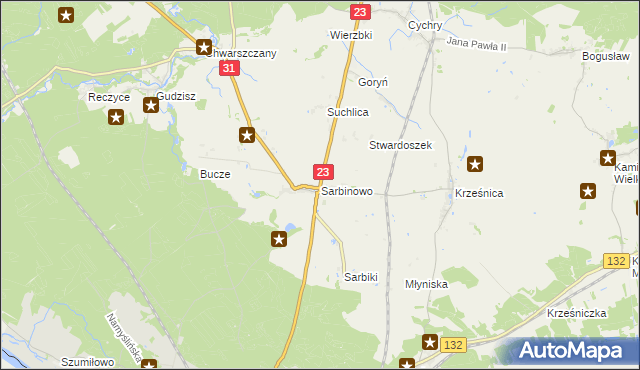 mapa Sarbinowo gmina Dębno, Sarbinowo gmina Dębno na mapie Targeo