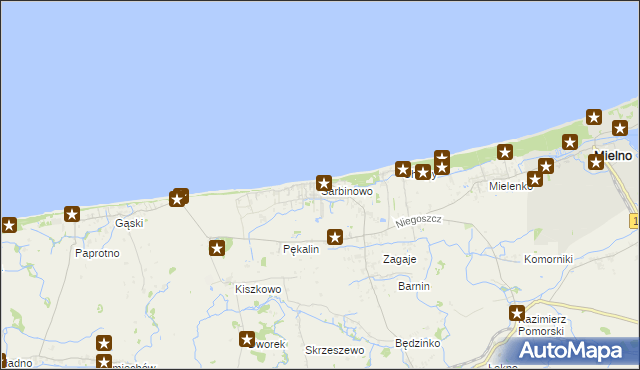 mapa Sarbinowo gmina Mielno, Sarbinowo gmina Mielno na mapie Targeo