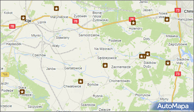 mapa Sędziejowice gmina Chmielnik, Sędziejowice gmina Chmielnik na mapie Targeo