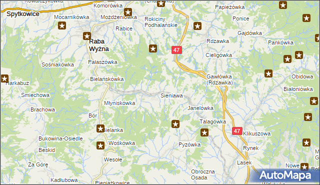 mapa Sieniawa gmina Raba Wyżna, Sieniawa gmina Raba Wyżna na mapie Targeo