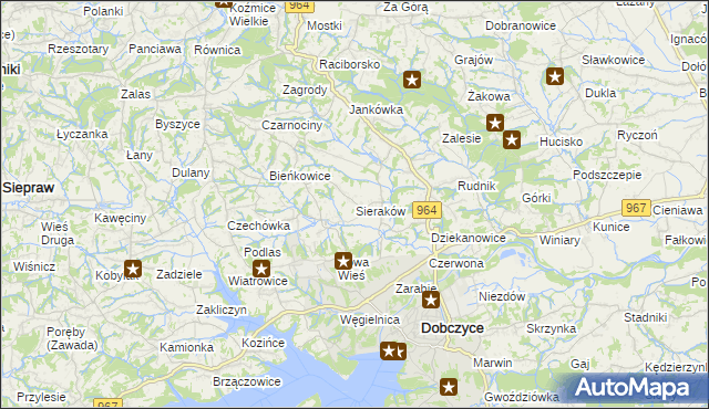 mapa Sieraków gmina Dobczyce, Sieraków gmina Dobczyce na mapie Targeo