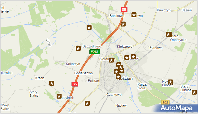 mapa Sierakowo gmina Kościan, Sierakowo gmina Kościan na mapie Targeo