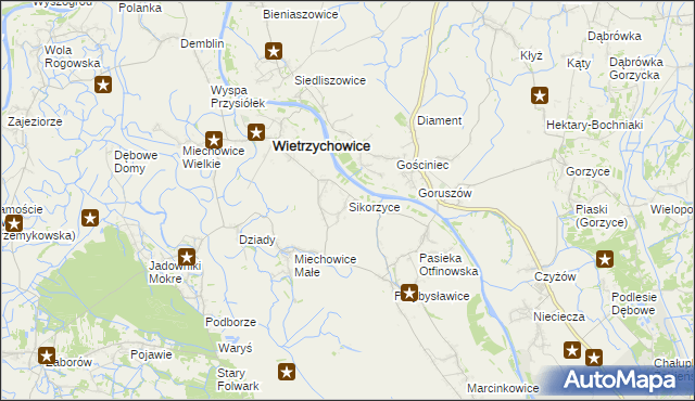 mapa Sikorzyce gmina Wietrzychowice, Sikorzyce gmina Wietrzychowice na mapie Targeo