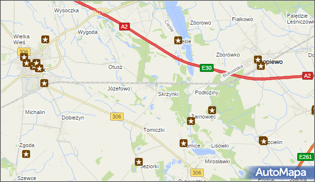 mapa Skrzynki gmina Stęszew, Skrzynki gmina Stęszew na mapie Targeo