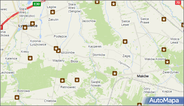 mapa Słomków gmina Maków, Słomków gmina Maków na mapie Targeo