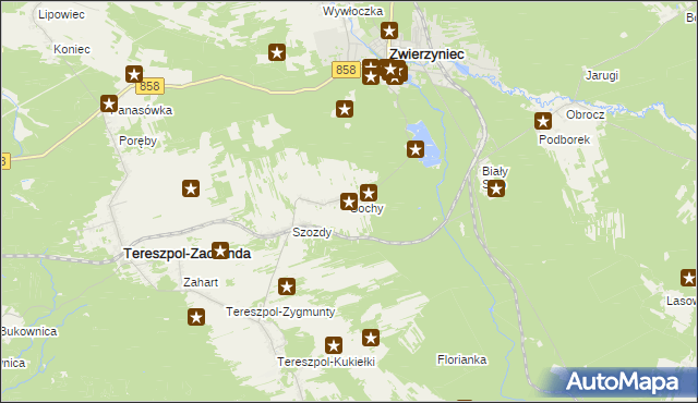 mapa Sochy gmina Zwierzyniec, Sochy gmina Zwierzyniec na mapie Targeo