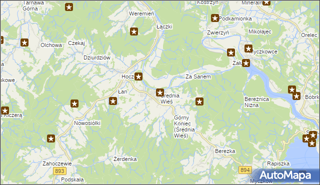 mapa Średnia Wieś gmina Lesko, Średnia Wieś gmina Lesko na mapie Targeo