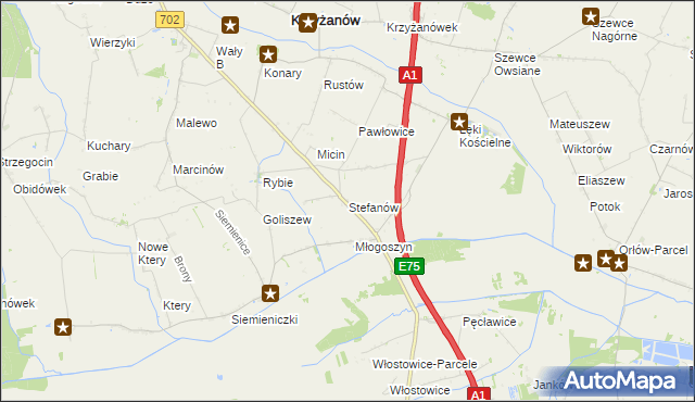 mapa Stefanów gmina Krzyżanów, Stefanów gmina Krzyżanów na mapie Targeo
