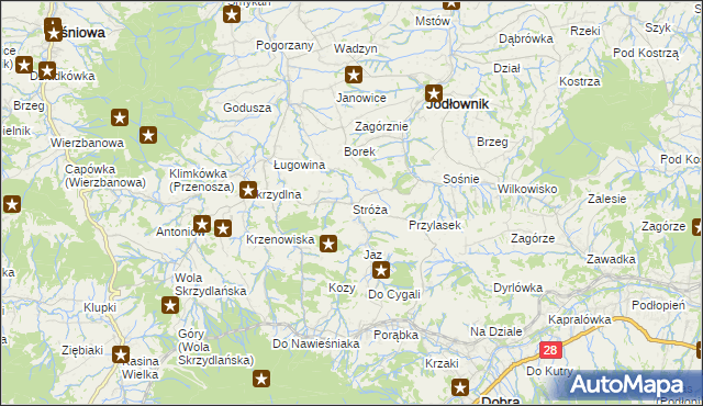 mapa Stróża gmina Dobra, Stróża gmina Dobra na mapie Targeo