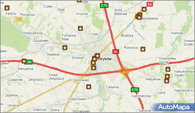 mapa Stryków powiat zgierski, Stryków powiat zgierski na mapie Targeo