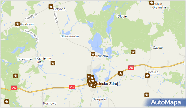 mapa Strzeszów gmina Trzcińsko-Zdrój, Strzeszów gmina Trzcińsko-Zdrój na mapie Targeo