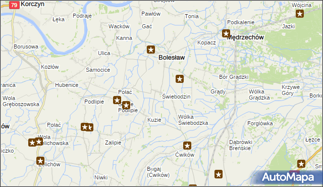 mapa Świebodzin gmina Bolesław, Świebodzin gmina Bolesław na mapie Targeo