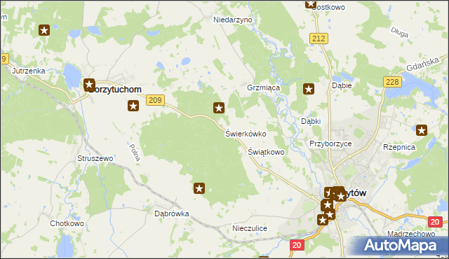 mapa Świerkówko gmina Bytów, Świerkówko gmina Bytów na mapie Targeo