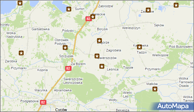 mapa Świerszczów gmina Cyców, Świerszczów gmina Cyców na mapie Targeo