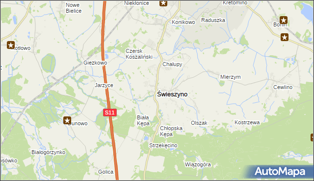 mapa Świeszyno powiat koszaliński, Świeszyno powiat koszaliński na mapie Targeo