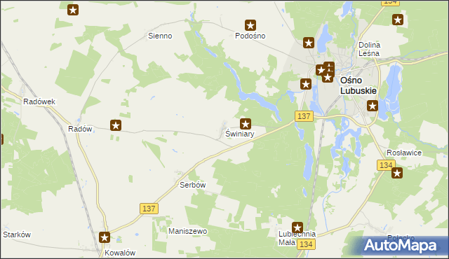 mapa Świniary gmina Ośno Lubuskie, Świniary gmina Ośno Lubuskie na mapie Targeo