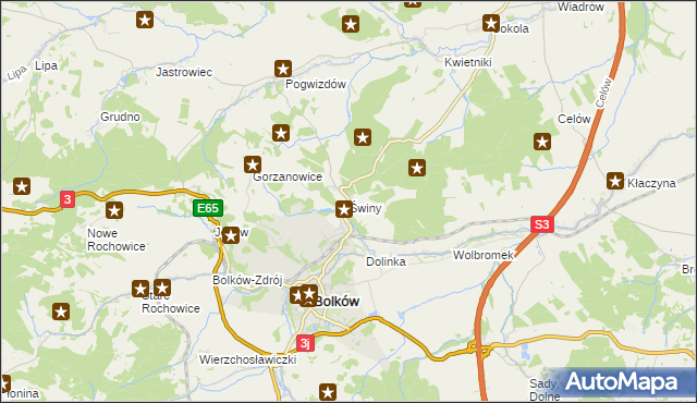 mapa Świny gmina Bolków, Świny gmina Bolków na mapie Targeo