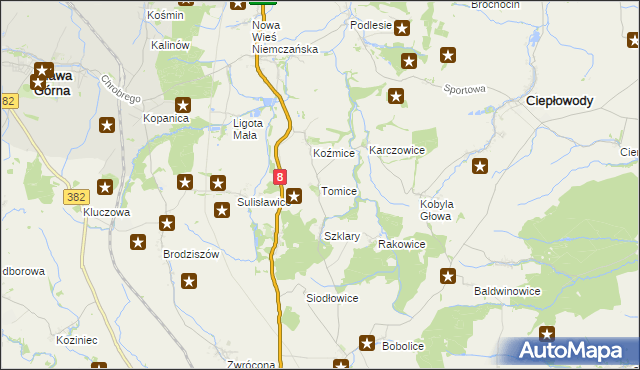 mapa Tomice gmina Ciepłowody, Tomice gmina Ciepłowody na mapie Targeo