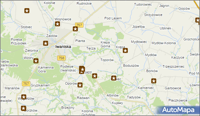 mapa Toporów gmina Iwaniska, Toporów gmina Iwaniska na mapie Targeo