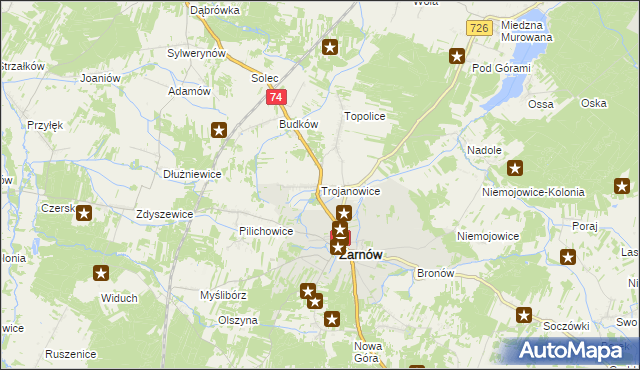 mapa Trojanowice gmina Żarnów, Trojanowice gmina Żarnów na mapie Targeo