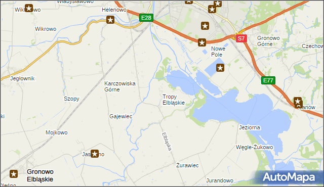 mapa Tropy Elbląskie, Tropy Elbląskie na mapie Targeo