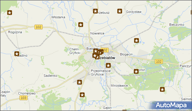 mapa Trzebiatów powiat gryficki, Trzebiatów powiat gryficki na mapie Targeo