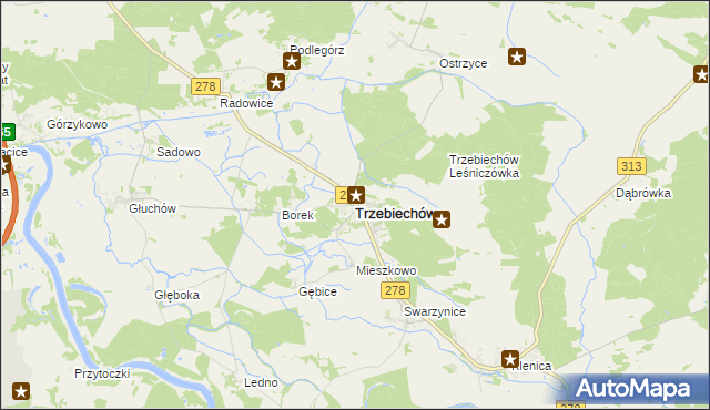 mapa Trzebiechów powiat zielonogórski, Trzebiechów powiat zielonogórski na mapie Targeo