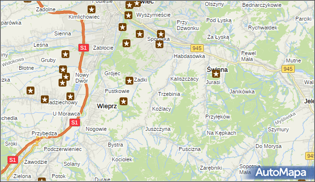 mapa Trzebinia gmina Świnna, Trzebinia gmina Świnna na mapie Targeo